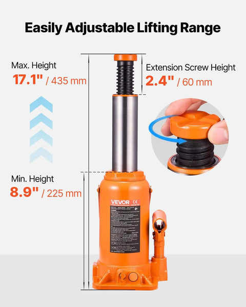 Heavy Duty 20 Ton Hydraulic Bottle Jack With 7.5 To 14 Inch Lift Range All Welded Construction Three Section Long Handle