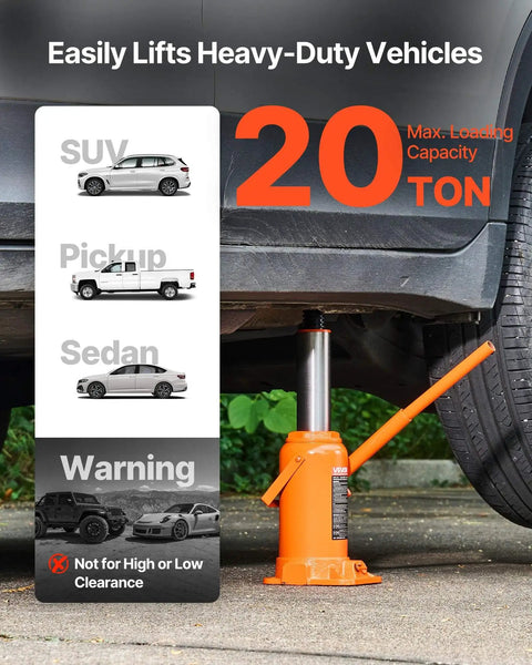 Heavy Duty 20 Ton Hydraulic Bottle Jack With 7.5 To 14 Inch Lift Range All Welded Construction under SUV, pickup, sedan.
