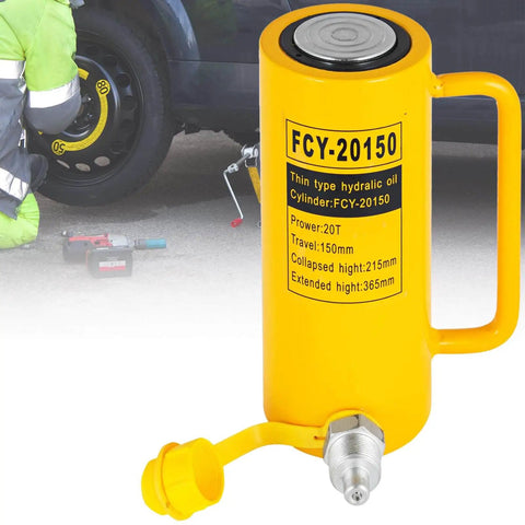 20 Ton Solid Ram Hydraulic Cylinder Jack With 6 Inch Stroke Portable Quick Connector Single Acting Lifting Cylinder For Heavy Duty Auto Shop Use VEVOR showing side view with yellow body and handle beside a vehicle, visible details include power and travel specifications.