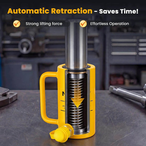 Heavy Duty 20 Ton Hydraulic Jack With 4 Inch Stroke Porta Power Ram shown on a workbench with yellow finish and auto retract feature