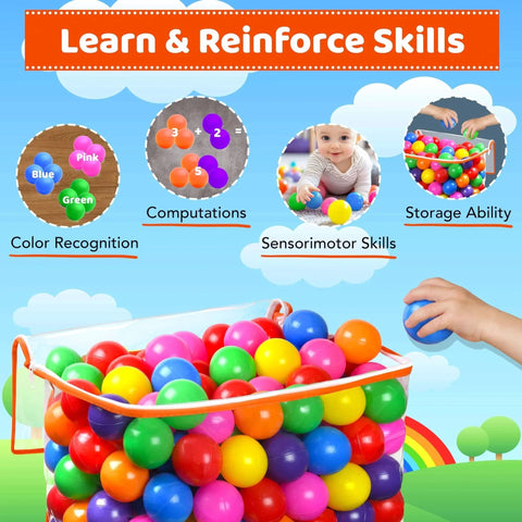 200 Ball Pit Balls for Toddlers with Storage Bag - 7 Bright Colors, educational play benefits shown with storage and use