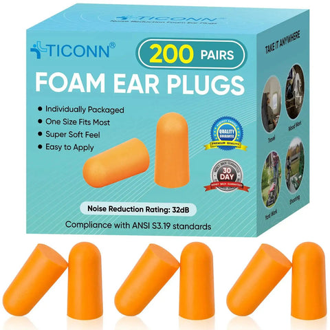200 Pairs Foam Ear Plugs With 32dB Noise Reduction for sleep, travel, and construction, shown with packaging and ear plugs.