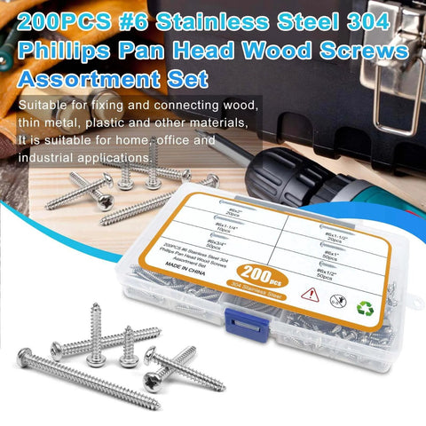 200 Pcs #6 Wood Screws Assortment Kit Made from 304 Stainless Steel Featuring Pan Head Self Tapping Sheet Metal Screws with case.