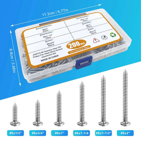 200 Pcs #6 Wood Screws Assortment Kit Made from 304 Stainless Steel Featuring Pan Head Self Tapping Sheet Metal Screws in 6 Lengths
