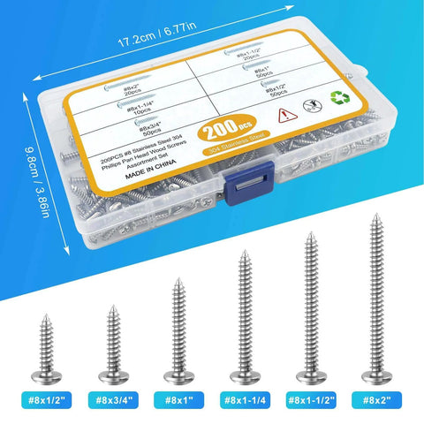 200 Pcs #8 Wood Screws Assortment Kit Made from 304 Stainless Steel Featuring Pan Head Self Tapping Sheet Metal Screws in 6 Lengths shown in packaging.