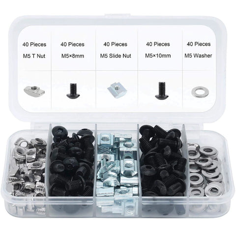200 Pcs M5 T Slot Nut Kit for 2020 Series Aluminum Extrusion Profile Frames, including nuts, screws, and washers in black finish.