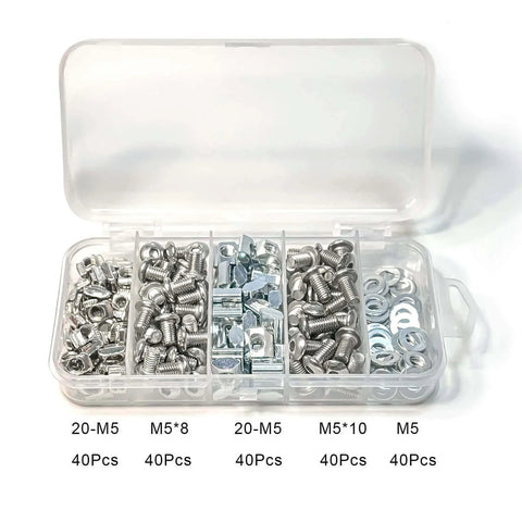 200 Pcs M5 T Slot Nut and Screw Kit for 2020 Series Aluminum Extrusion with screws and nuts in storage box.