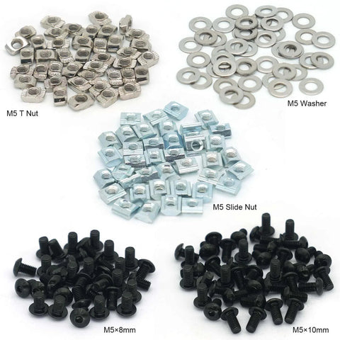 200 Pcs M5 T Slot Nut Kit for 2020 Series Aluminum Extrusion Profile Frames with T nuts, washers, and black screws.