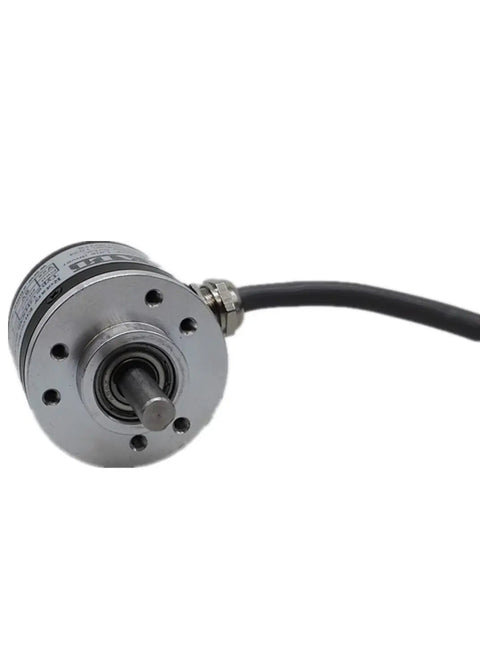 Front view of Rock Solid 2000 PPR Rotary Encoder with 38mm body, 6mm solid shaft, line driver ABZ output, 5V power supply, plug and play ready.