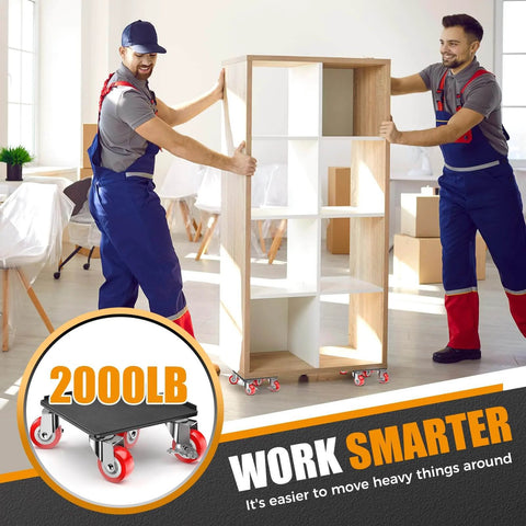 Two movers using 2000LBS Heavy Duty Furniture Dolly & Mover - 6.4" Carbon Steel Panel with 5X 360° Wheels, Non-Slip Sliders to move a cabinet