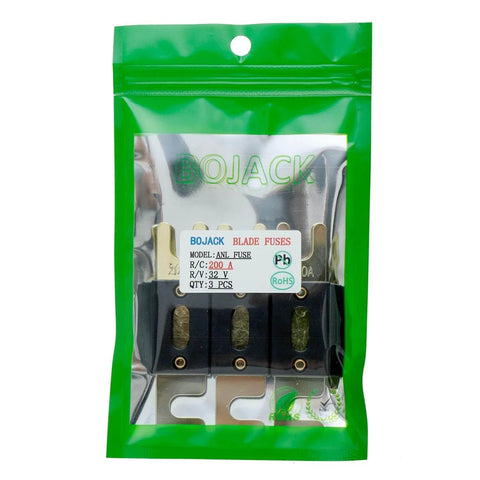 Front view of pack of 3 gold tone plated 200 Amp 32 VDC ANL blade fuses for car audio amplifiers and wiring.