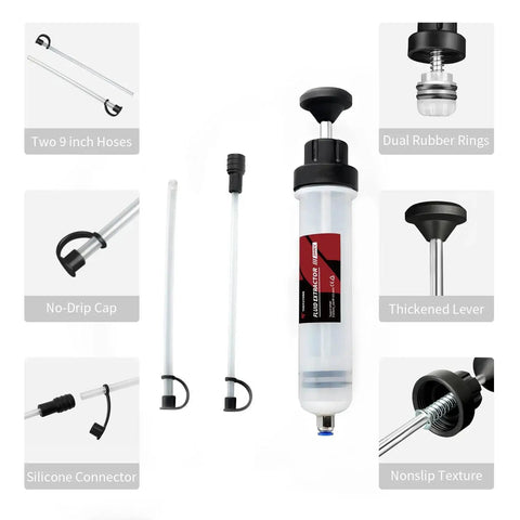 200cc Manual Fluid Extractor Pump For Automotive Oil Changes With Two PVC Suction Tubes reaching up to 40 cm in packaging.