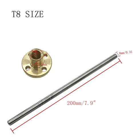 Two precision 200mm TR8X8 Acme lead screws with 8 mm lead, SUS304 stainless steel shafts and brass nuts for Z axis motion.