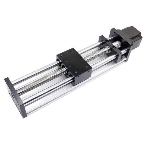 Front view of 200mm Effective Travel Length Double Optical Axis Guide Ballscrew SFU1605 with NEMA23 Stepper Motor for CNC and 3D Printer.
