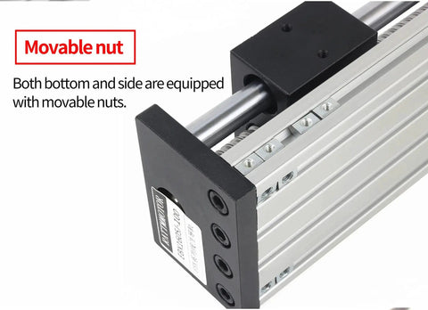 Close-up of 200mm CNC Linear Stage Actuator with Double Optical Axis and 1605 Ball Screw, showing movable nut feature and dual rails.