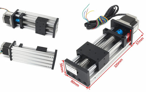 200mm CNC Linear Stage Actuator with double optical axis and 1605 ball screw, shown from multiple angles with dimensions.