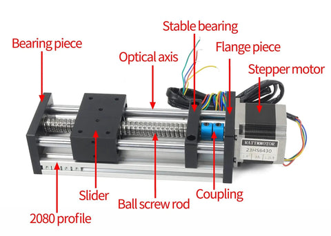 200mm CNC Linear Stage Actuator With Double Optical Axis And 1605 Ball Screw Dual Rails Including Nema23 Stepper Motor shown with labels