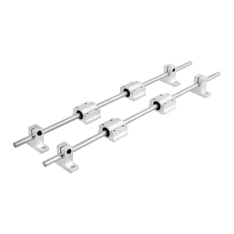Premium 200mm D8 Linear Motion Rod Shaft Guide Set with 2 rods, 4 linear slide blocks, and 4 SK8 shaft supports for 3D printers and CNC machines.