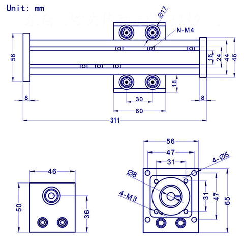 Technical diagram of 200mm Effective Stroke Length Linear Rail Guide Ballscrew SFU1605 with Nema 17 Stepper Motor