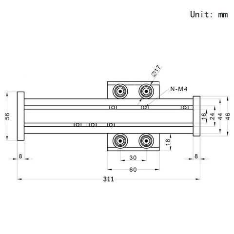 Technical diagram of 200mm Travel Length Linear Rail Guide Ballscrew SFU1605 with NEMA17 Stepper Motor for CNC Router
