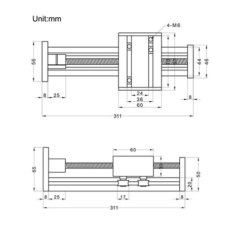 Technical diagram of 200mm Travel Length Linear Rail Guide Ballscrew SFU1605 with NEMA17 Stepper Motor dimensions