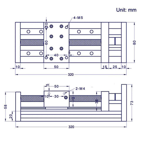Technical drawing of a 200mm effective stroke length double linear rail guide with SFU1605 ballscrew and NEMA23 stepper motor layout