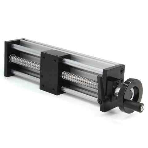 200mm Effective Travel Dual Optical Axis Manual Sliding Table with SFU1605 Ball Screw, Linear Rail Guide and Handwheel in metal build.