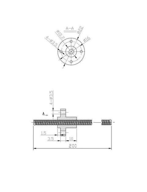 Technical drawing of ✝️ 200mm t8 tr8x8 lead screw and brass nut, acme thread, 2mm pitch, CNC 3D printer z axis replacement