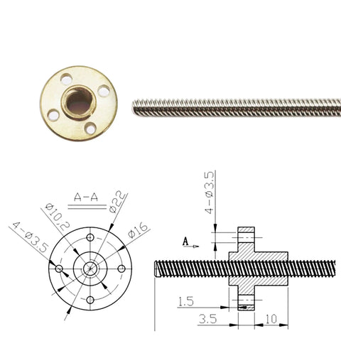 Diagram and front view of two precision 200mm TR8X8 Acme lead screws with 8 mm lead, SUS304 stainless steel, brass nuts for Z axis motion.