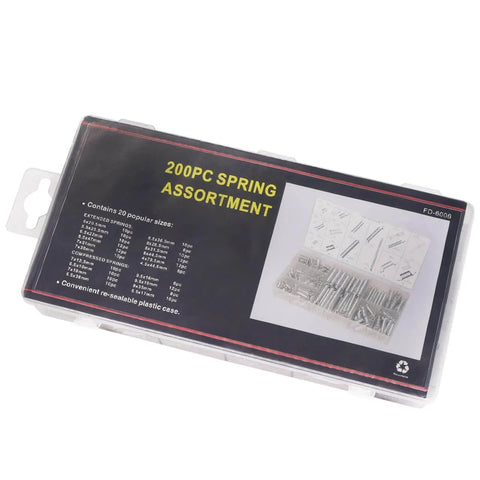 Plastic case with 200-piece spring assortment, showing popular sizes and details on packaging.