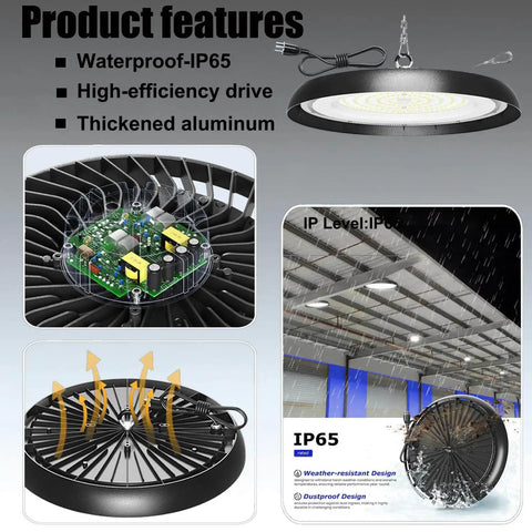 Eight Pack 200W LED High Bay Light UFO Style With 30000 Lumen 6000K Daylight showing features like waterproof and thickened aluminum