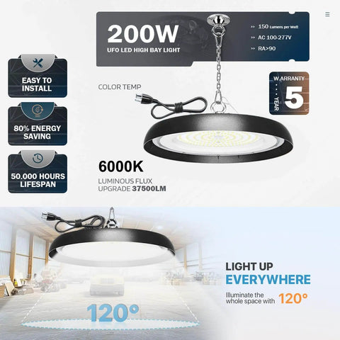 Image showing Eight Pack 200W LED High Bay Light UFO Style with 30000 Lumen 6000K Daylight for garage or warehouse lighting.