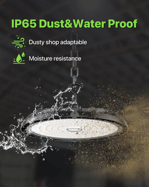 IP65 waterproof 200W UFO LED High Bay Light 6 Pack, demonstrating dust and water resistance in a workshop setting.