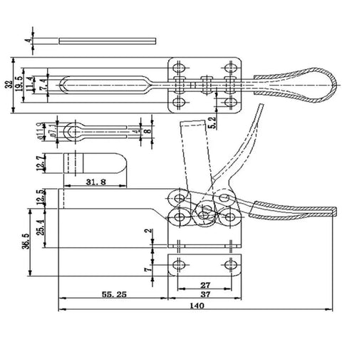 Technical diagram of Four Pack 201B Toggle Clamp Set With 198 Lbs Holding Capacity, detailing dimensions and mechanism.