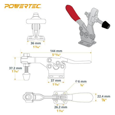 Technical diagram of 8 Pack 300 Lbs 201B Quick Release Horizontal Toggle Clamps with anti-slip rubber tips for woodworking jigs and welding.