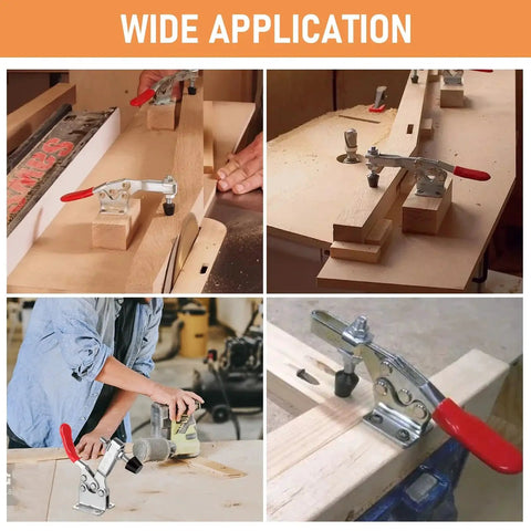 12 Pack 201B Toggle Clamps for woodworking and metalworking shown in various workshop applications