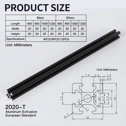 Diagram showing 4pcs 1000mm T Slot 2020 Aluminum Extrusion European Standard Anodized Linear Rail for 3D Printer Parts and CNC DIY Black.