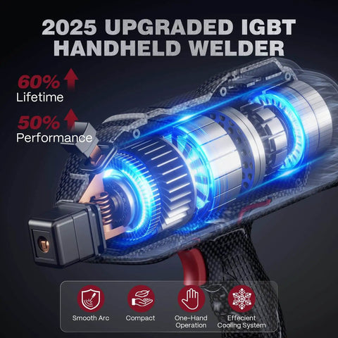2025 upgraded IGBT handheld welder with performance and lifetime stats, smooth arc, compact design, and efficient cooling system display