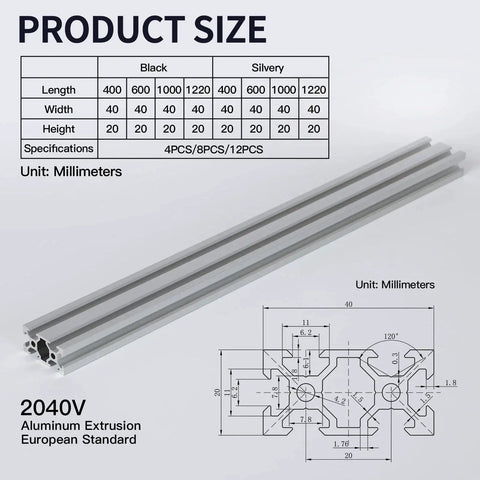 Four 600mm 2040 V-slot aluminum profiles with anodized finish, product dimensions and technical drawing shown for precise DIY projects