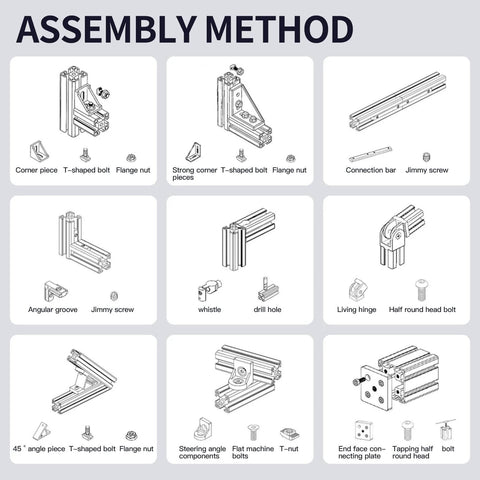 Assembly instructions for 8pcs 1000mm 2040 V-Slot Extrusion Aluminum Profile, showing connectors, bolts, and hinge methods.