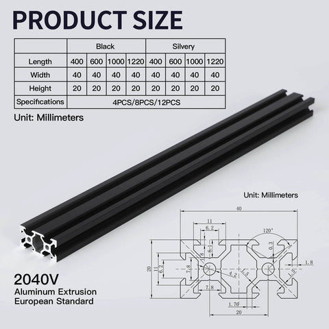8pcs 1000mm 2040 V-Slot Extrusion Aluminum Profile diagram with product dimensions and European standard details