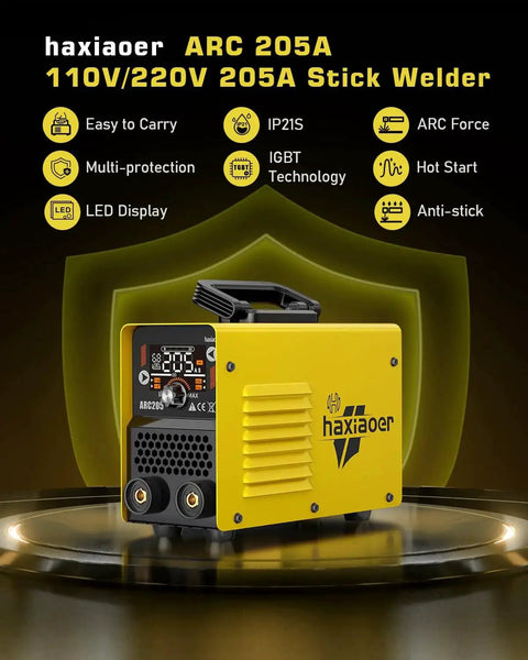 2 In 1 MMA Lift TIG Welder With Dual Voltage 110V 220V LCD Display Arc Force Hot Start VRD in a yellow carry case