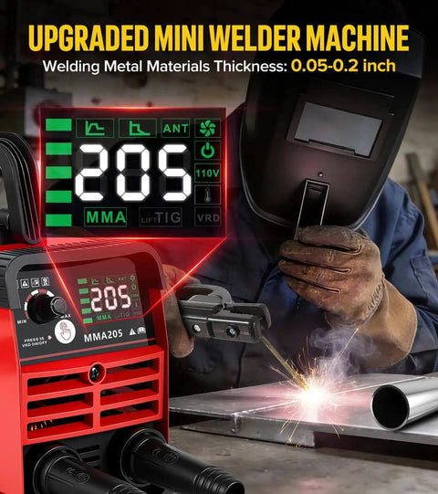 205 Amp Mini Stick Welder 110V With Lift TIG Inverter Arc Welder for DIYers shown welding metal, MMA205 display visible