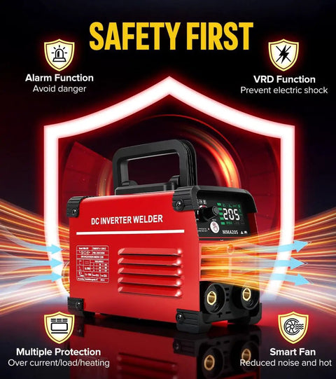 205 Amp Mini Stick Welder 110V With Lift TIG Inverter Arc Welder For DIYers, safety features highlighted