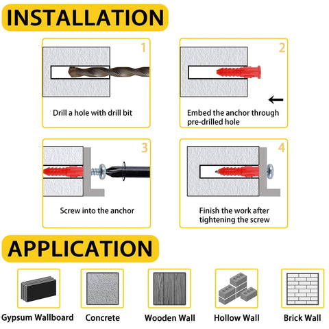 Installation and application guide for 208PCS Drywall Anchors and Screws Assortment Kit, suitable for various wall types.