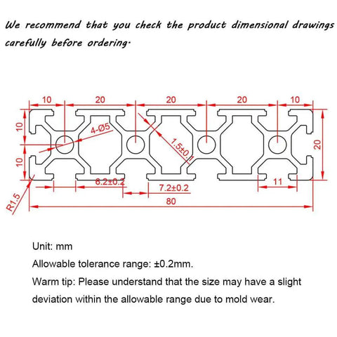 Technical drawing of the Two Pack 20 Series T Slot 2080 Aluminum Extrusion Profile 19.7 Inch 500mm European Standard Anodized Linear Rail
