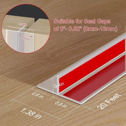 Diagram showing 20Ft T-Shaped Silicone Weather Stripping Seal dimensions, indicating gap suitability for doors and windows.