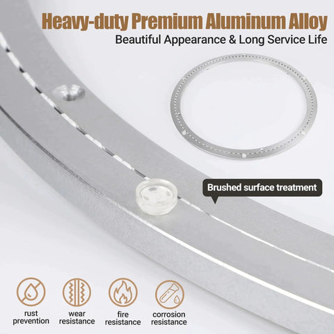 20 Inch Heavy Duty Aluminum Lazy Susan Bearing with brushed surface, highlighting rust and corrosion resistance features.