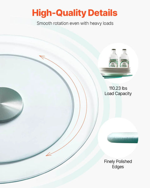 Close-up of 20 Inch Glass Lazy Susan Turntable showing smooth 360 rotation, load capacity details, and finely polished edges.