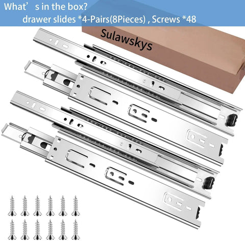 20 Inch Full Extension Ball Bearing Drawer Slides, 4 Pairs Side Mount 3 Fold Metal Dresser Runners, 100 LB Capacity, Silver Finish